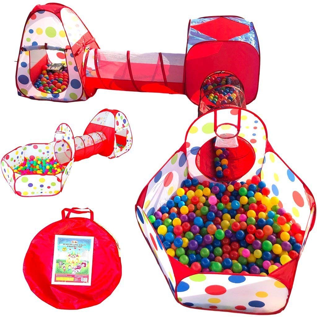 AIOIAI 6-Piece Kids Play Tents Crawl Tunnels and Ball Pit Popup Bounce Playhouse Tent with Basketball Hoop for Indoor and Outdoor Use with Red Carrying Case 