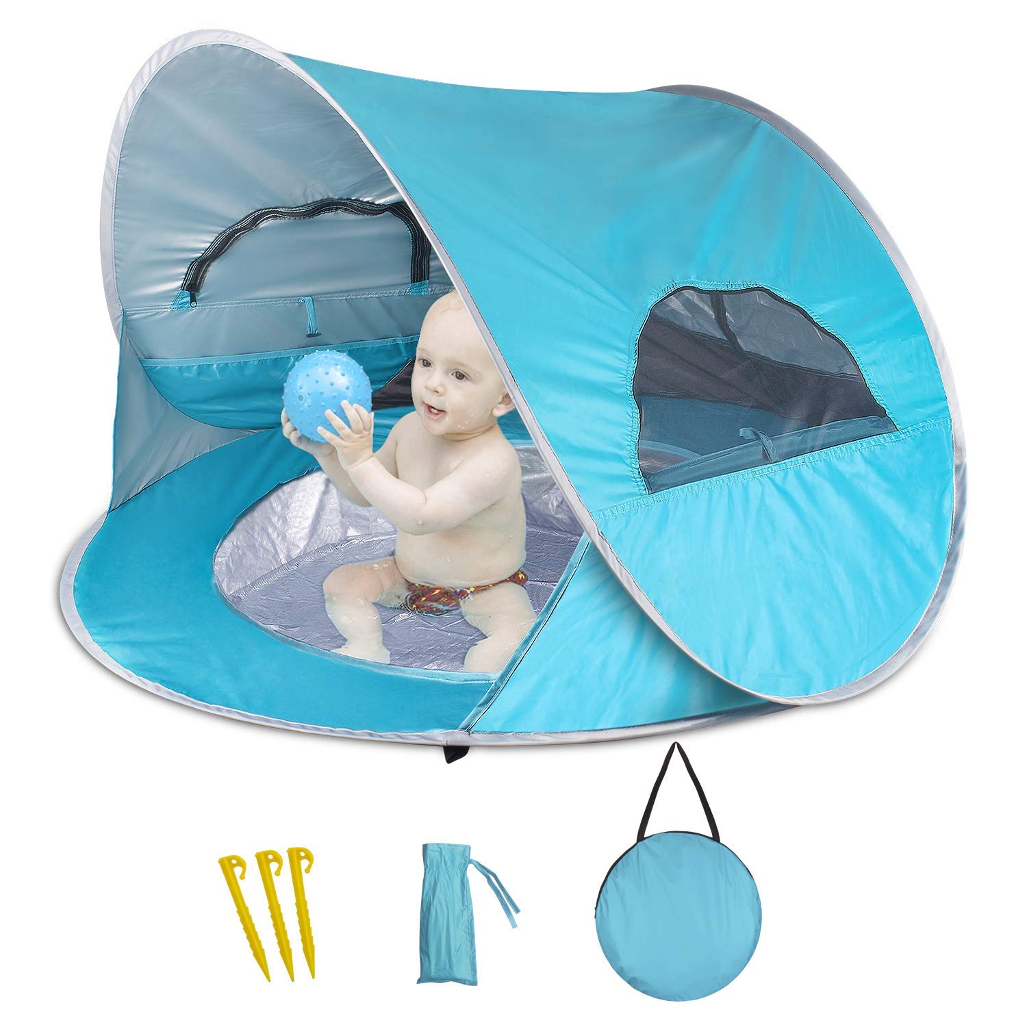 AIOIAI Baby Beach Tent with Built-in Pool, Infant Pop Up Tent with 2 Mesh Side Windows, 2 Side Pockets, UPF 50+ Sun Shade Shelter with Rear Zipper Panel for Aged 0-3, Fits 1-2 Children 