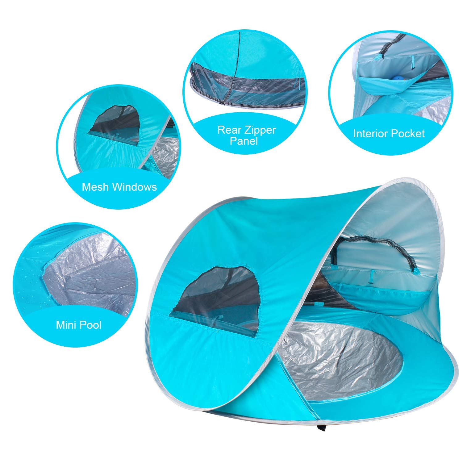 AIOIAI Baby Beach Tent with Built-in Pool, Infant Pop Up Tent with 2 Mesh Side Windows, 2 Side Pockets, UPF 50+ Sun Shade Shelter with Rear Zipper Panel for Aged 0-3, Fits 1-2 Children 