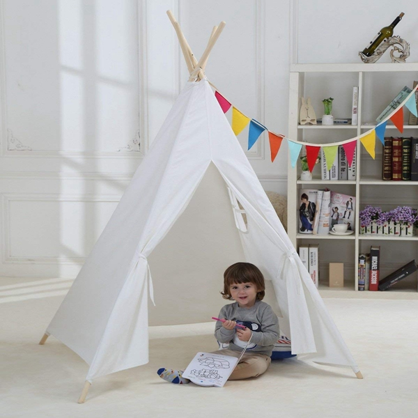 AIOIAI Classical Indoor Solid White Pure Cotton Canvas Toy Indian Teepee Tent for Toddler Children to Read and Play at Hide and Seek 