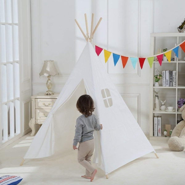 AIOIAI Classical Indoor Solid White Pure Cotton Canvas Toy Indian Teepee Tent for Toddler Children to Read and Play at Hide and Seek 