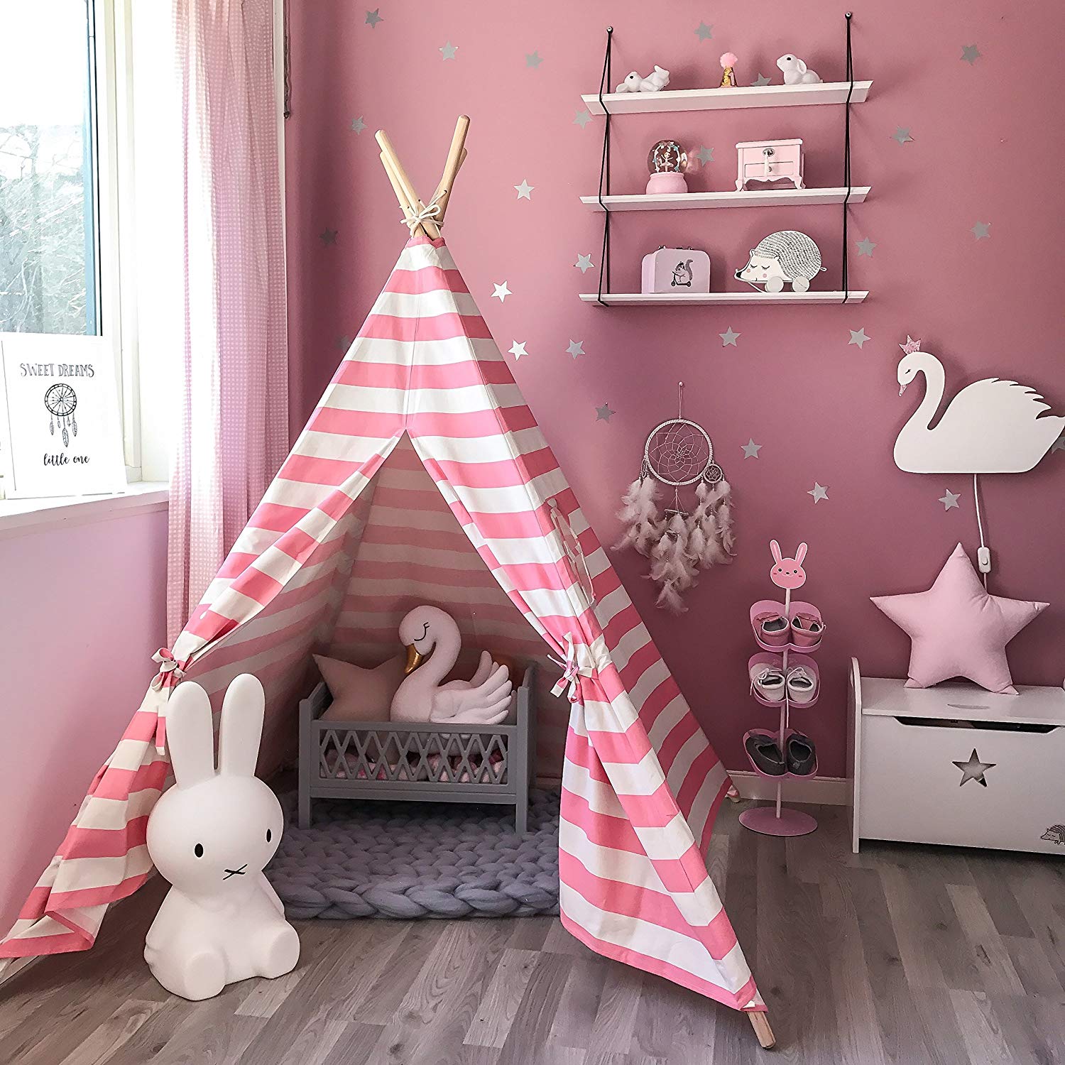 AIOIAI Kids Teepee Tent for Girls Princess, 5' Canvas Childrens Play Tent for Indoor Outdoor with Carry Case , Pink & White Stripe 