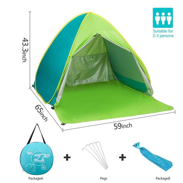 AIOIAI Automatic Pop Up Beach Tent Sun Shelter Cabana 2-3 Person UV Protection Beach Shade Beach Umbrella for Outdoor Activities 