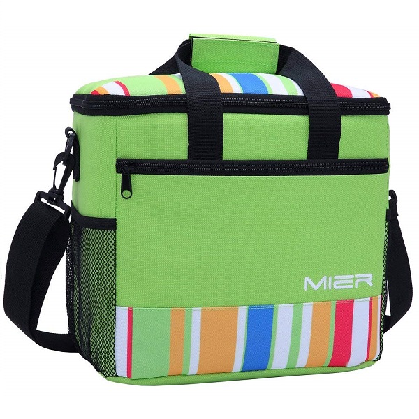AIOIAI 24-can Large Capacity Soft Cooler Tote Insulated Lunch Bag Green Stripe Outdoor Picnic Bag