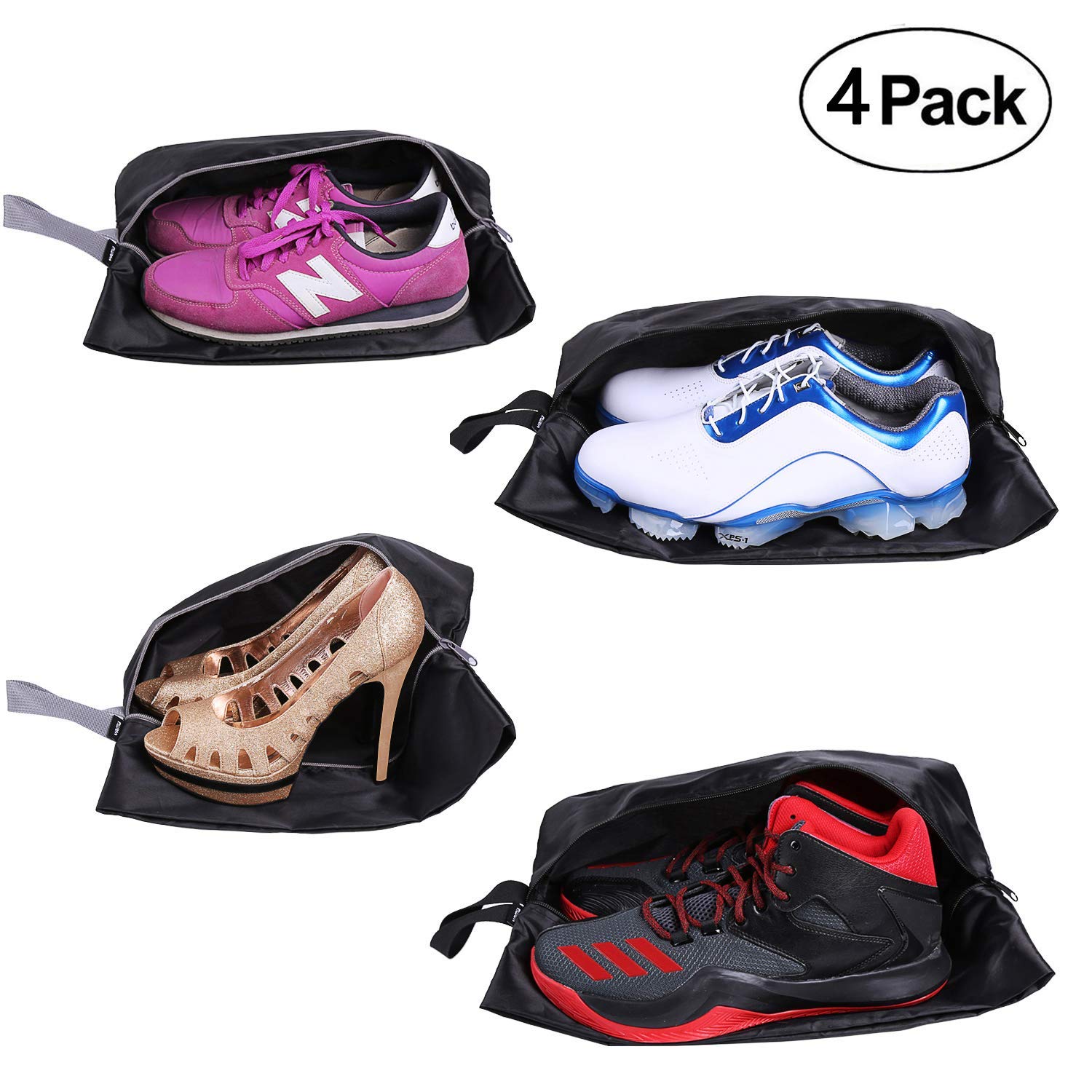 AIOIAI Travel Shoe Bags Set of 4 Waterproof Nylon with Zipper for Men & Women